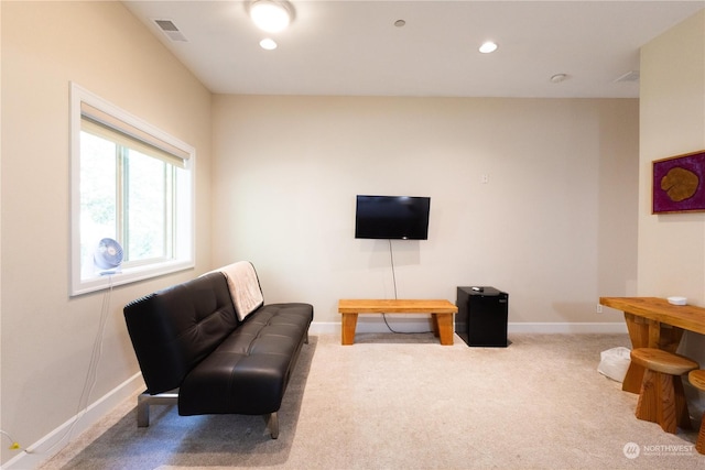 living area featuring carpet flooring