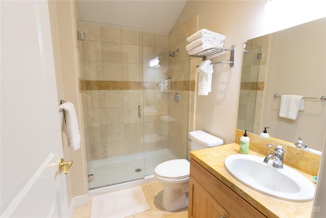 bathroom with walk in shower, tile patterned floors, toilet, and vanity