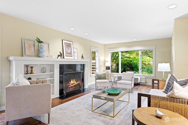 living room featuring hardwood / wood-style floors and a high end fireplace