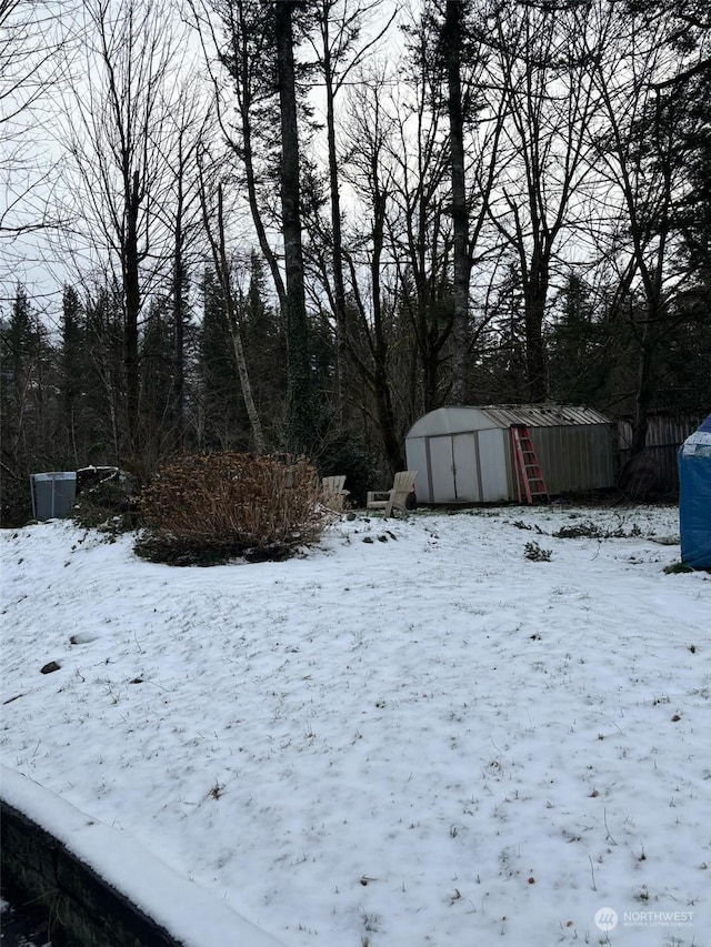 yard covered in snow featuring an outbuilding