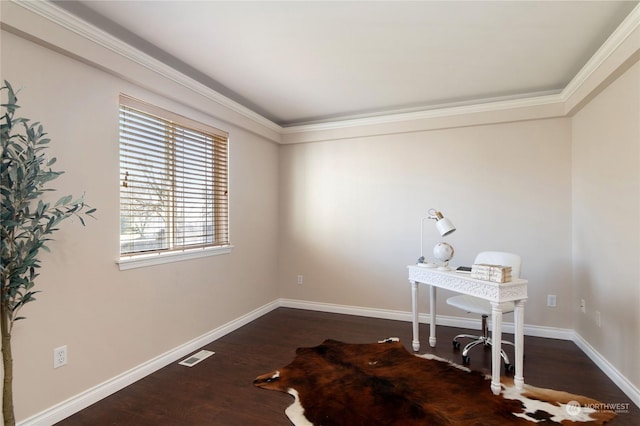 office with hardwood / wood-style floors and ornamental molding