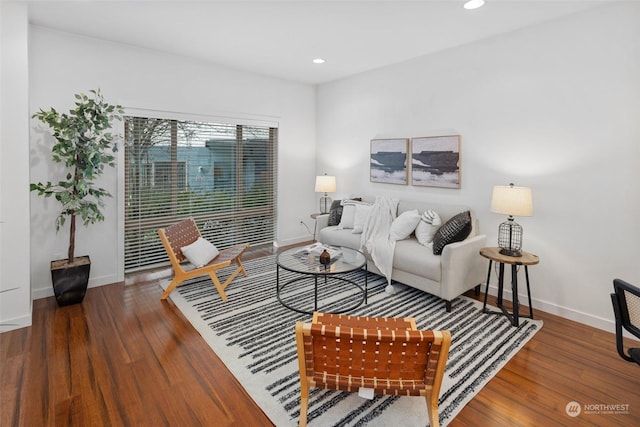 living room featuring dark wood-type flooring