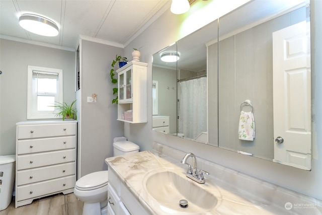 bathroom featuring ornamental molding, vanity, toilet, and hardwood / wood-style floors