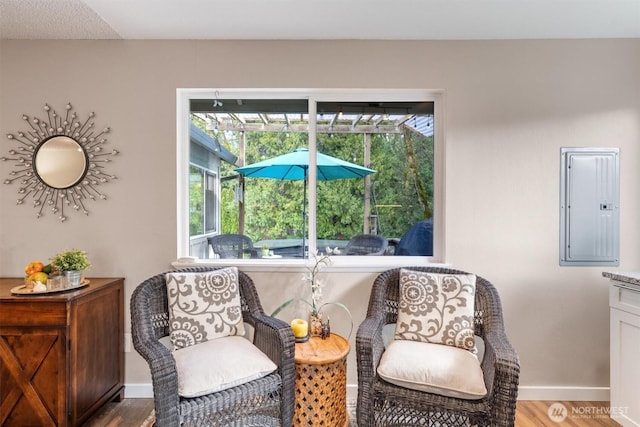 sitting room with electric panel, a healthy amount of sunlight, and wood finished floors