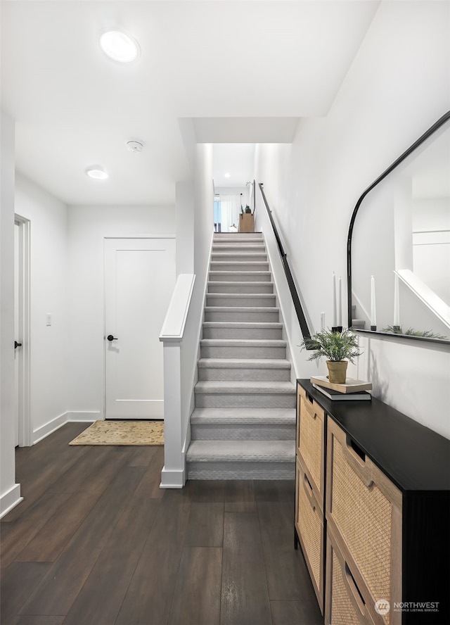 staircase with hardwood / wood-style floors