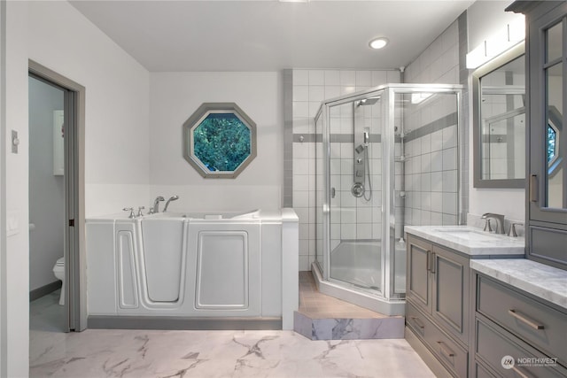 bathroom with vanity, toilet, and a shower with shower door