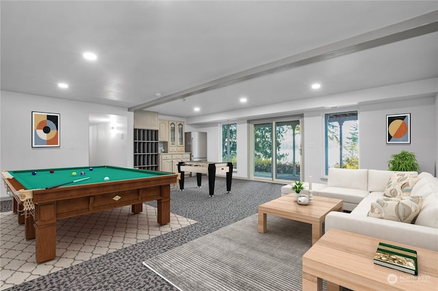 rec room featuring light colored carpet, beam ceiling, and pool table