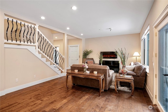 living room with dark hardwood / wood-style flooring