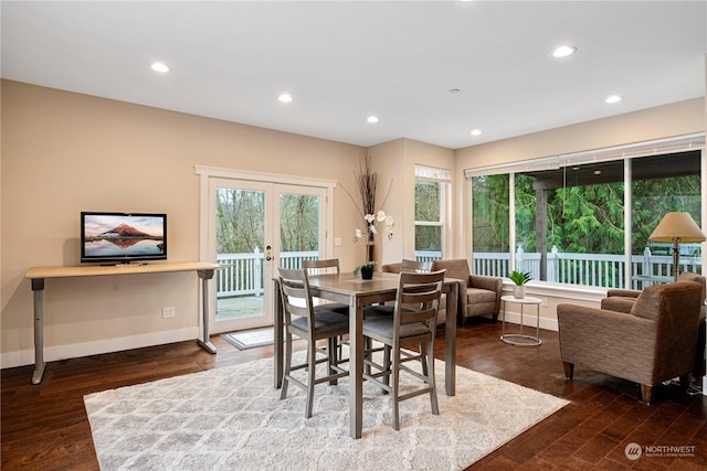 dining area featuring dark hardwood / wood-style floors and french doors