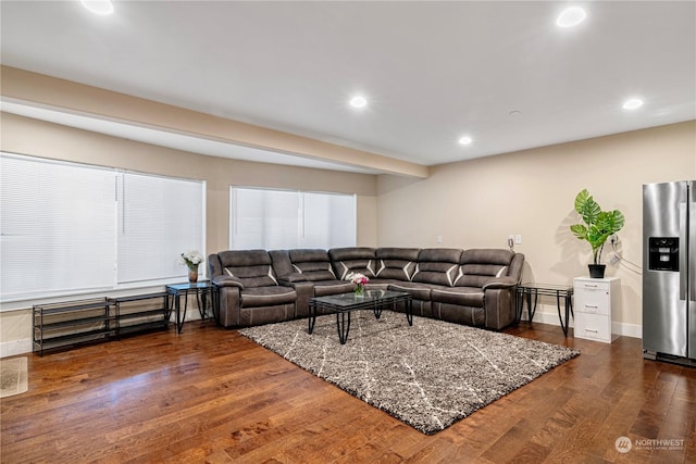 living room with dark hardwood / wood-style flooring