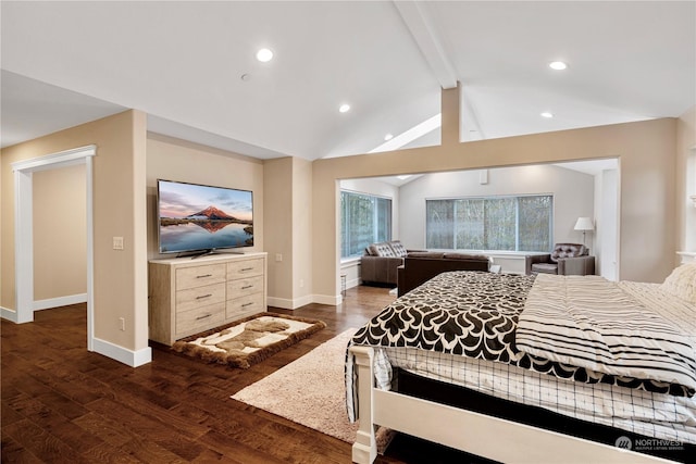 bedroom with dark hardwood / wood-style flooring and lofted ceiling with beams