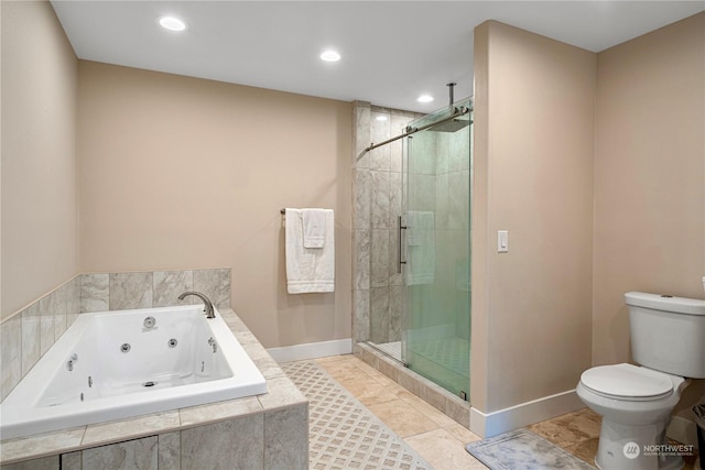 bathroom featuring tile patterned flooring, plus walk in shower, and toilet