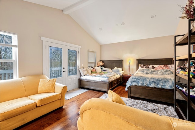 bedroom with french doors, dark wood-type flooring, high vaulted ceiling, access to outside, and beam ceiling