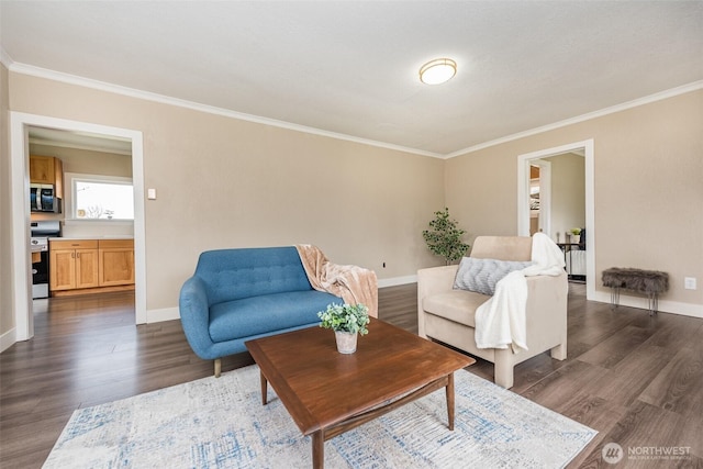 living room featuring dark wood finished floors, baseboards, and ornamental molding