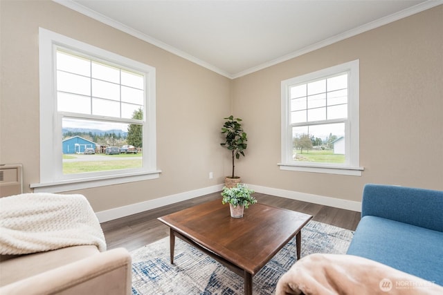 living room featuring crown molding, wood finished floors, and baseboards