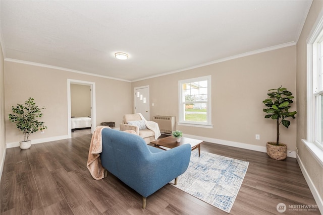 living area featuring ornamental molding, radiator, baseboards, and wood finished floors