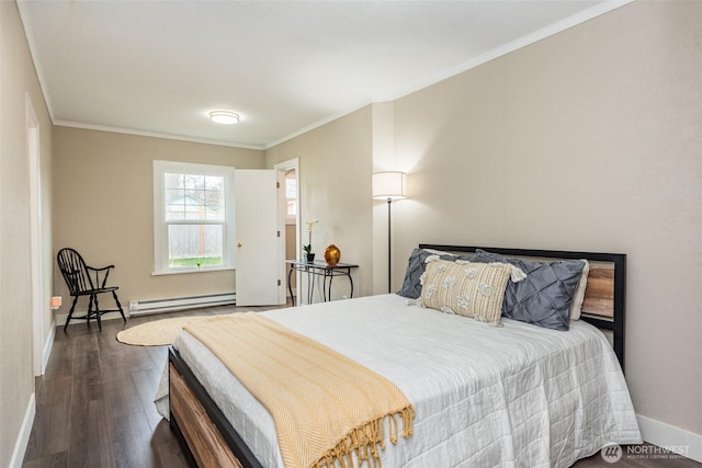 bedroom featuring a baseboard heating unit, baseboards, wood finished floors, and ornamental molding