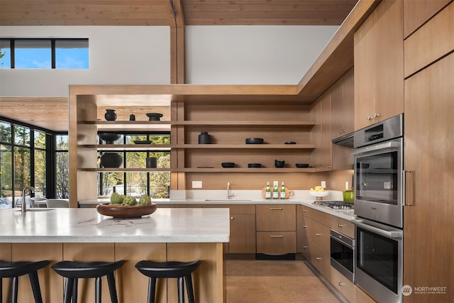 kitchen featuring sink, a kitchen breakfast bar, stainless steel appliances, light stone countertops, and light brown cabinetry