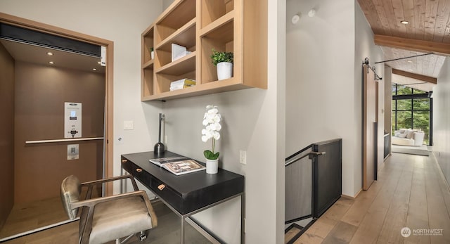 home office featuring beam ceiling, elevator, wood ceiling, and light hardwood / wood-style floors