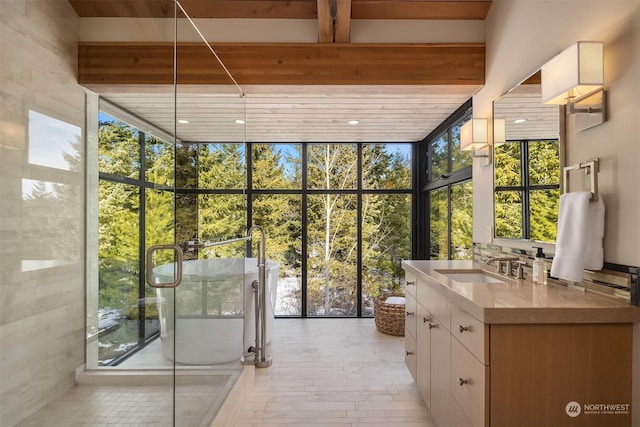 interior space with floor to ceiling windows, sink, and light hardwood / wood-style floors