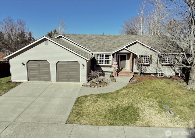 ranch-style home featuring a front yard, roof with shingles, driveway, and an attached garage