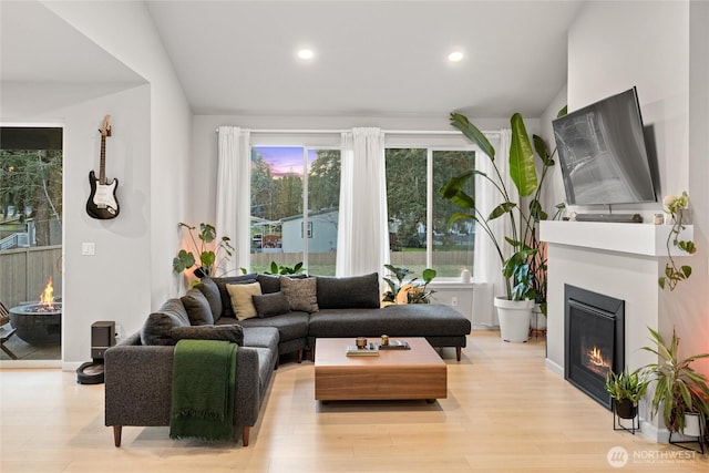 living room featuring vaulted ceiling and light wood-type flooring