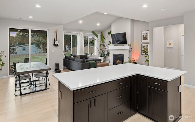 kitchen featuring dark brown cabinetry, light hardwood / wood-style flooring, and a center island