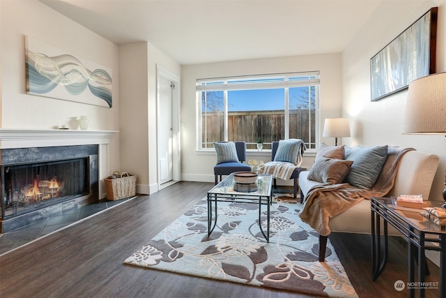 living room with a premium fireplace and dark hardwood / wood-style floors