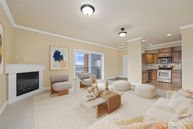 living room with crown molding and light carpet