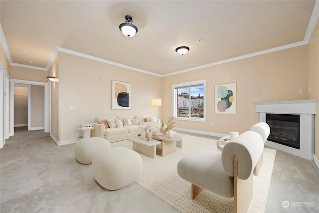 living room with light carpet and ornamental molding