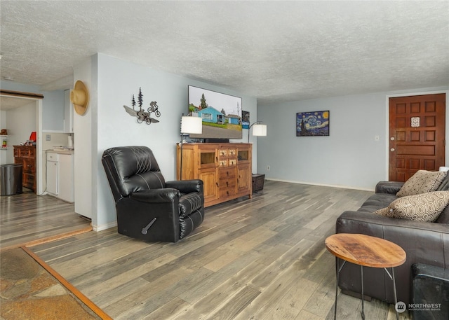 living room featuring wood-type flooring and a textured ceiling