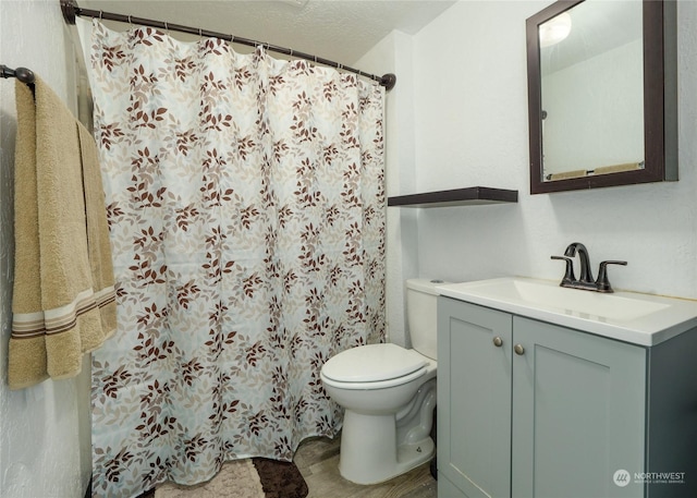 bathroom with vanity, wood-type flooring, and toilet