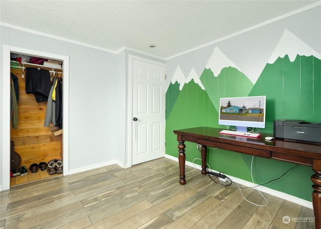 office area featuring crown molding and wood-type flooring