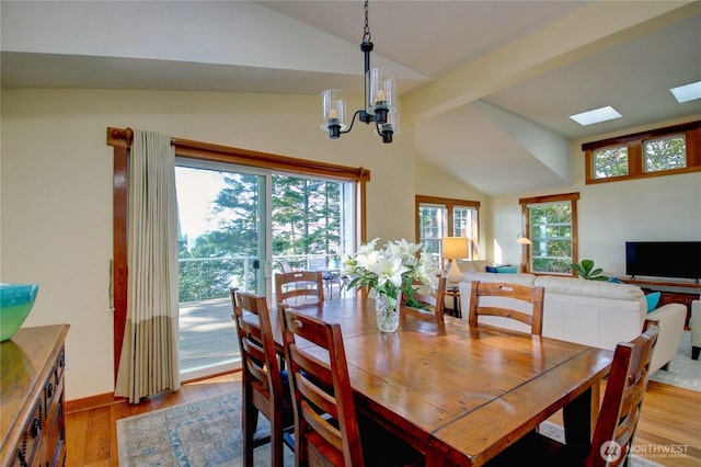 dining area featuring lofted ceiling, an inviting chandelier, and wood finished floors