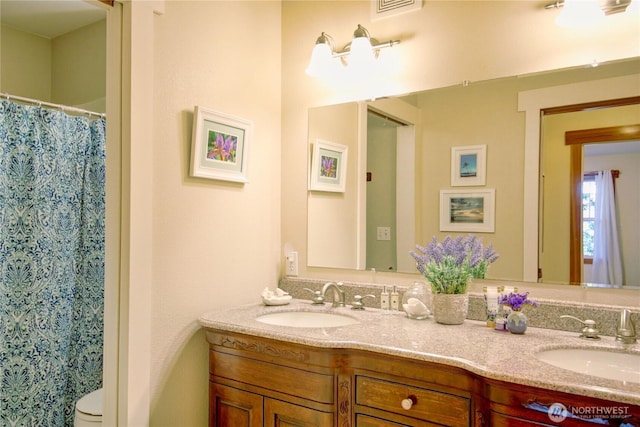 bathroom with a sink, visible vents, and double vanity