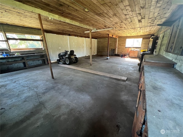 below grade area with a garage, wood ceiling, and a healthy amount of sunlight