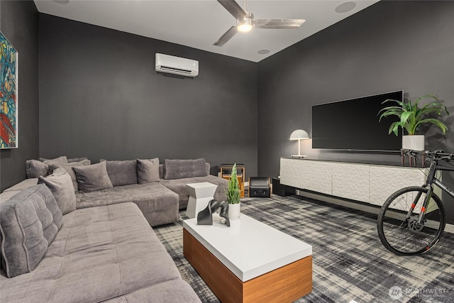 carpeted living area featuring an AC wall unit and ceiling fan