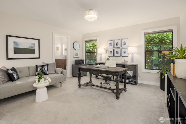 office with light colored carpet and baseboards