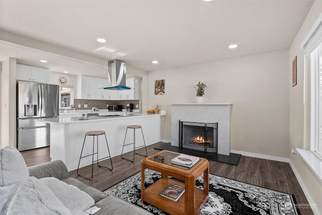 living room with dark wood-type flooring and a fireplace