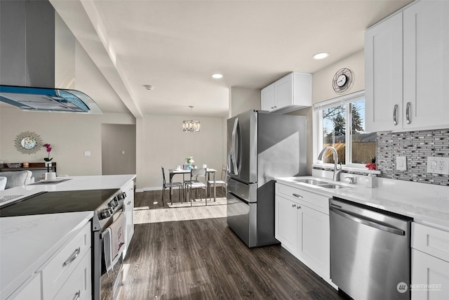 kitchen featuring appliances with stainless steel finishes, sink, white cabinets, backsplash, and exhaust hood