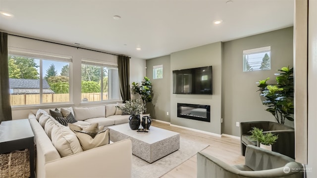 living room featuring plenty of natural light and light hardwood / wood-style flooring