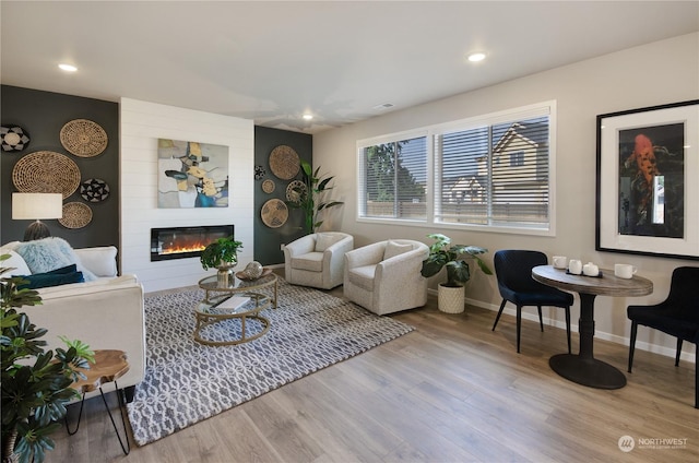 living room featuring a large fireplace and light wood-type flooring