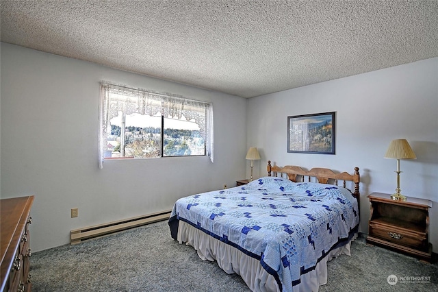 bedroom featuring a baseboard radiator, dark carpet, and a textured ceiling