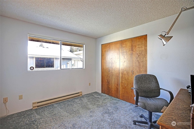 office area featuring carpet floors, a textured ceiling, and a baseboard heating unit