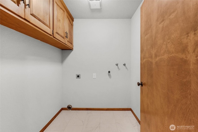 laundry room with visible vents, baseboards, washer hookup, cabinet space, and hookup for an electric dryer