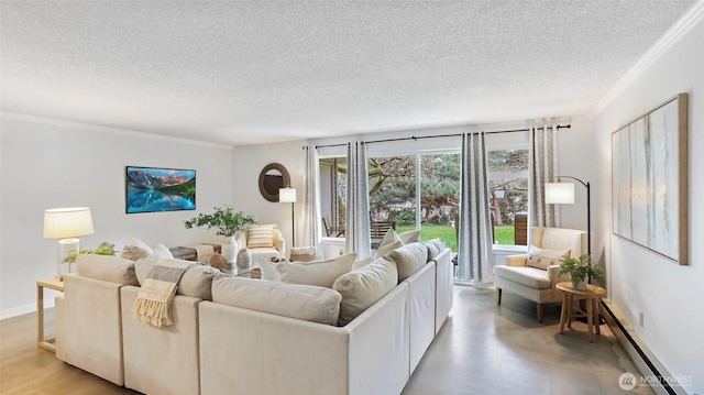 living room with a baseboard radiator, concrete floors, baseboards, and a textured ceiling