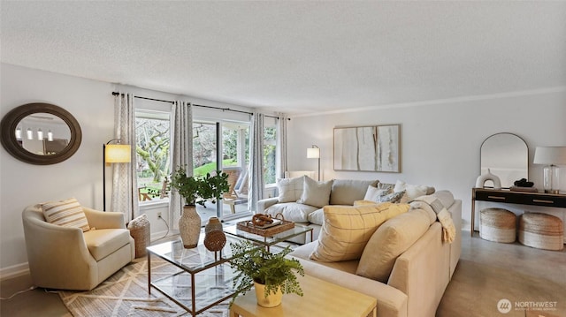 living area with a textured ceiling