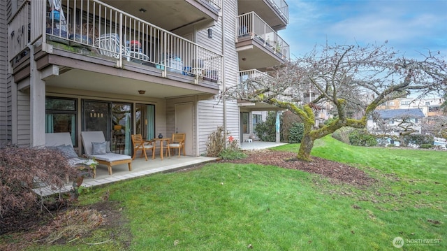 rear view of property featuring a patio area and a lawn