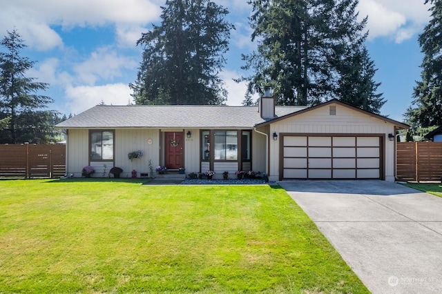 ranch-style house featuring a garage and a front lawn