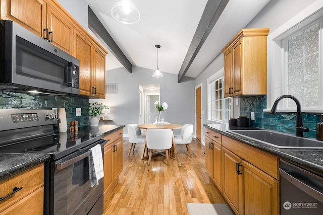 kitchen with pendant lighting, sink, dishwasher, black range with electric stovetop, and lofted ceiling with beams